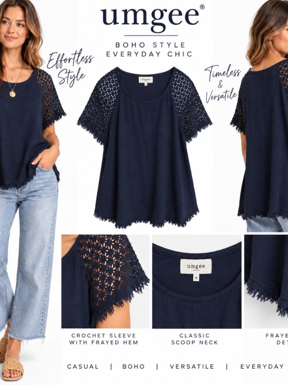 Umgee Navy Crochet Sleeve Frayed Hem Top Boho Coastal Relaxed Casual Blouse S